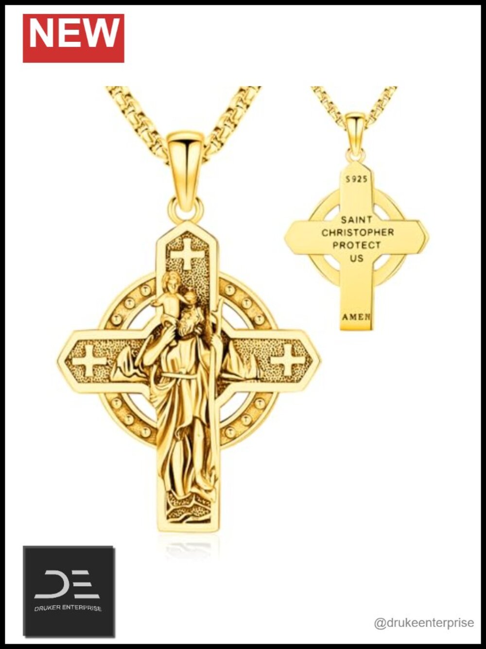Sterling Silver St Christopher Medal Cross Amulet Pendant Necklace